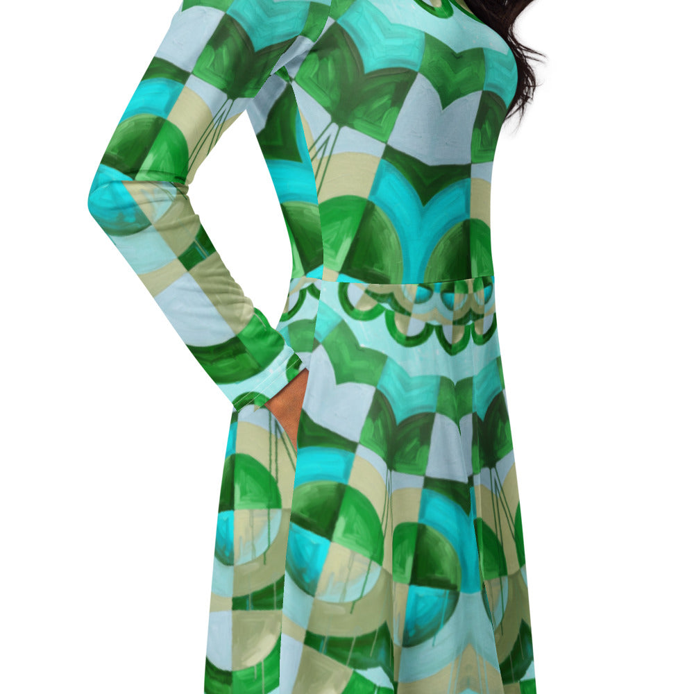 All-over print long sleeve midi dress 350kl2