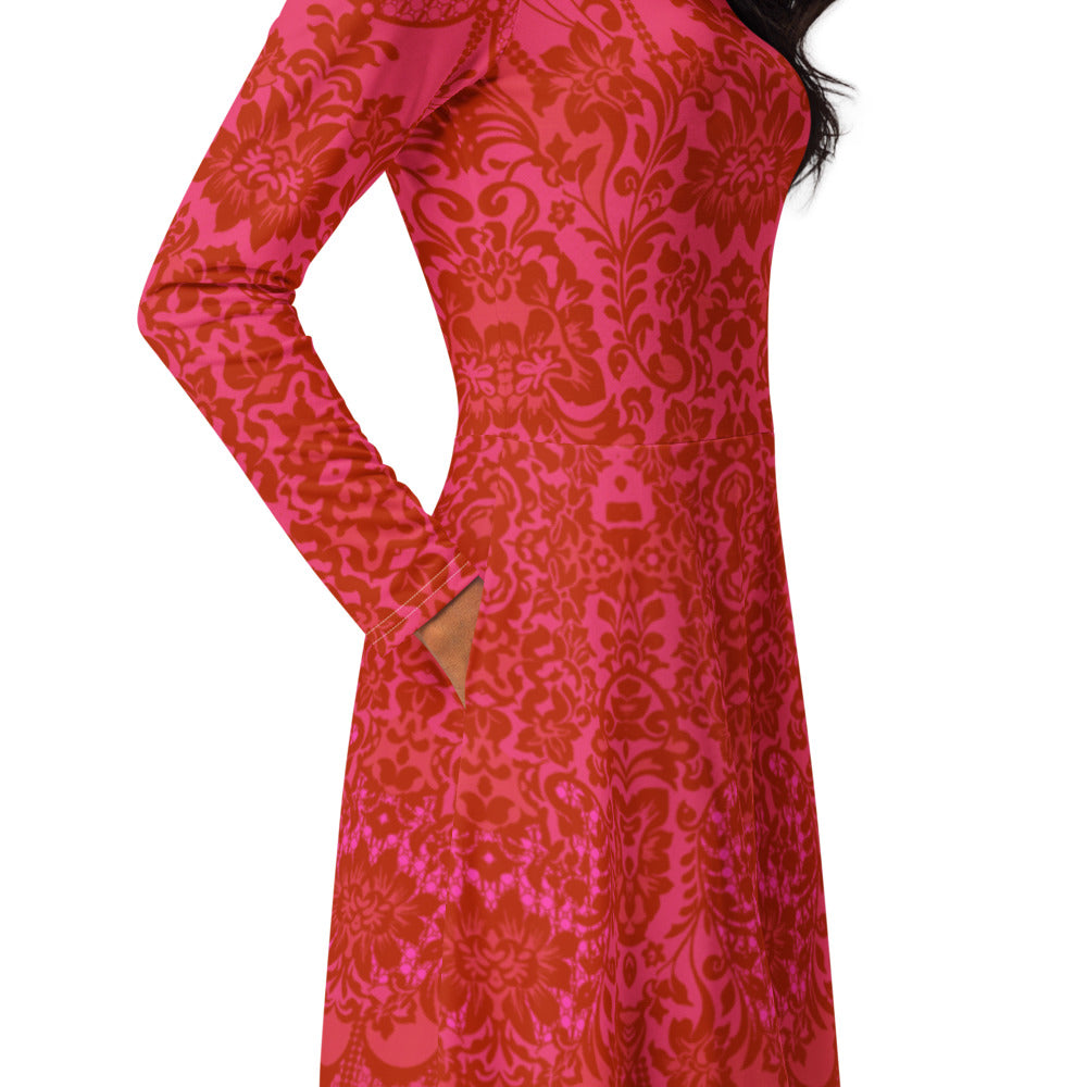 All-over print long sleeve midi dress 358Bkl5