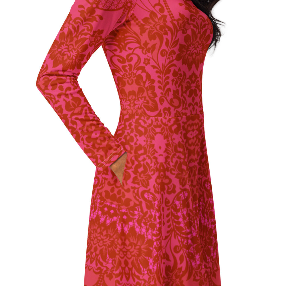 All-over print long sleeve midi dress 358Bkl5