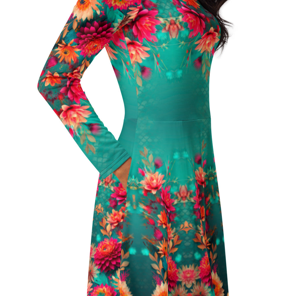 All-over print long sleeve midi dress  360kl1b