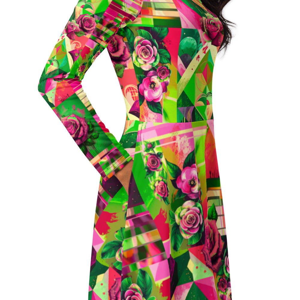 All-over print long sleeve midi dress 363C