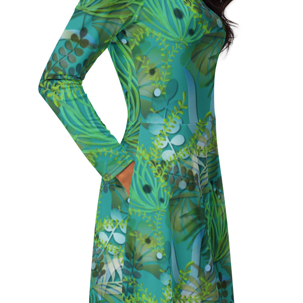 All-over print long sleeve midi dress 366Bkl1