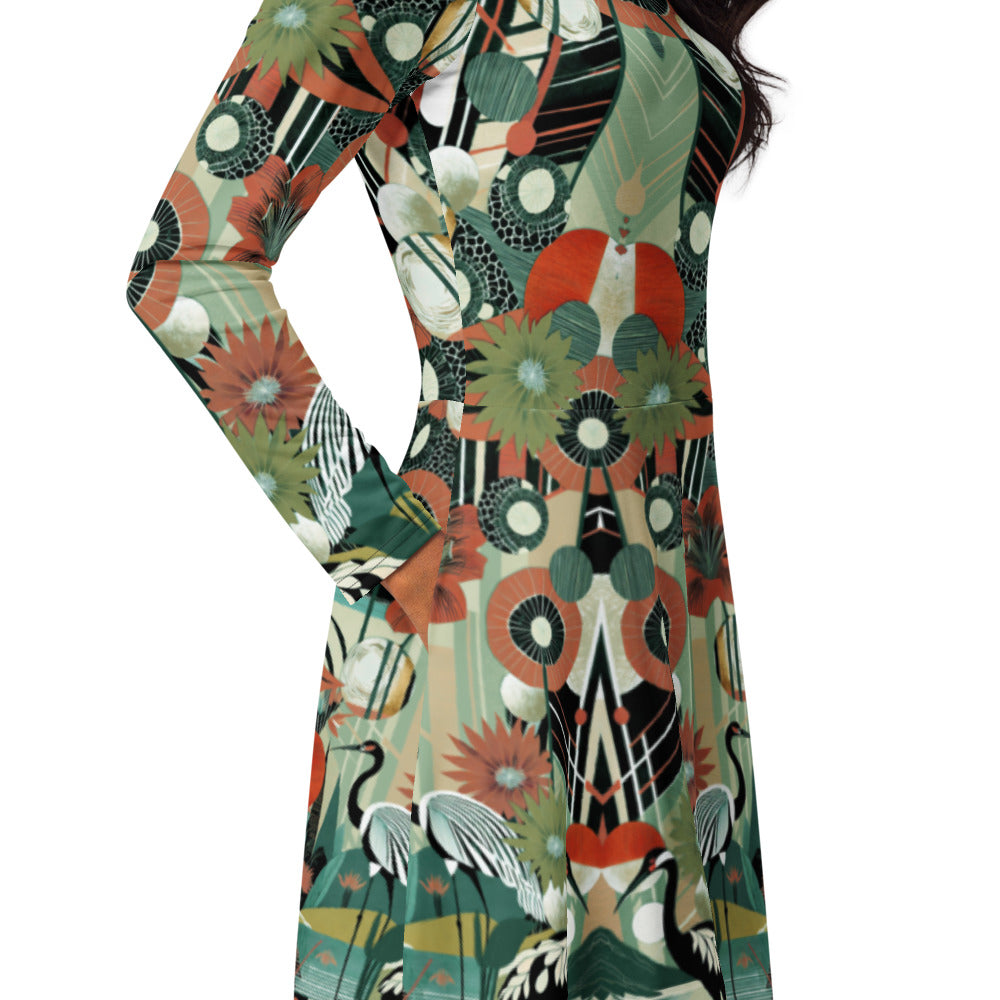 All-over print long sleeve midi dress 45oudCkl4