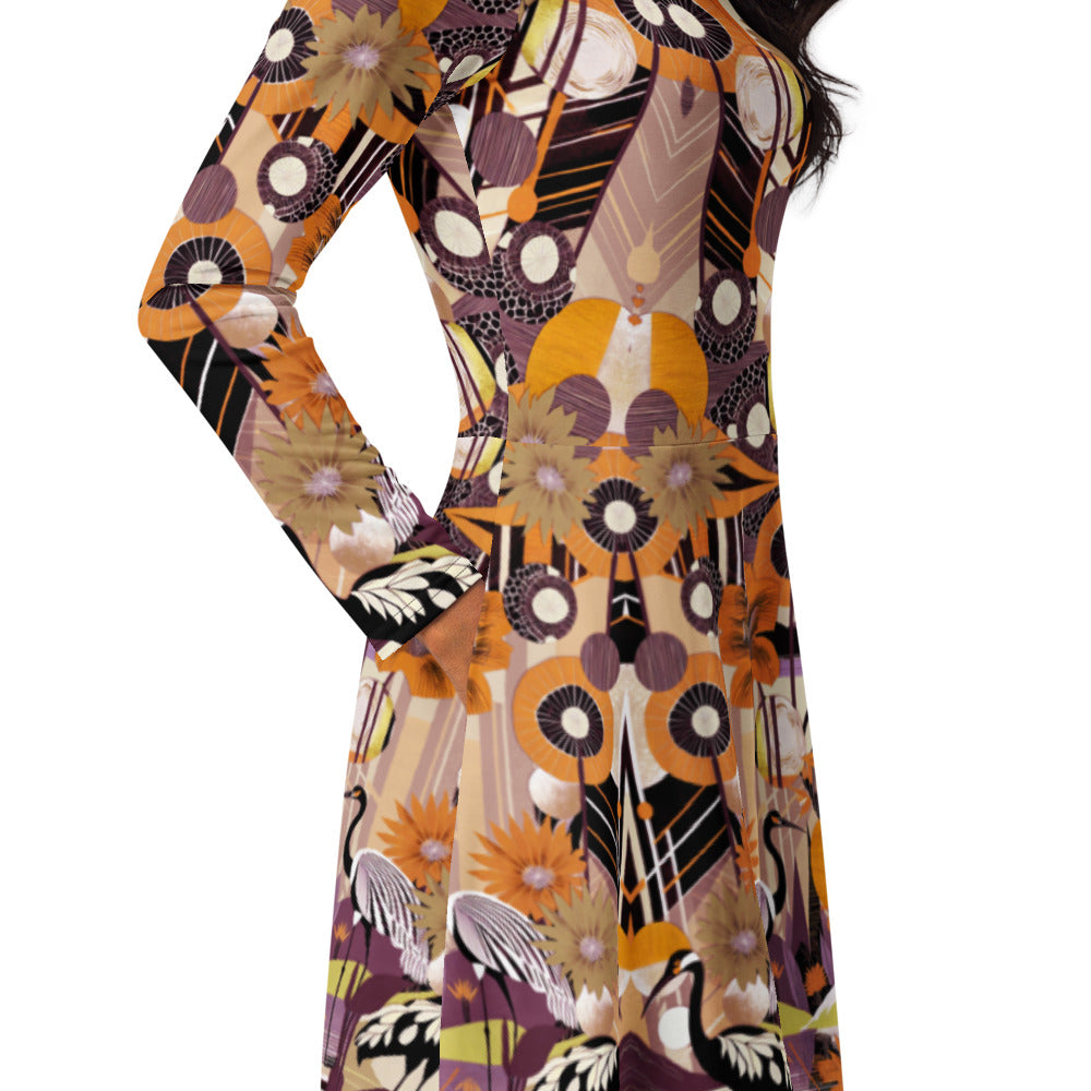 All-over print long sleeve midi dress 45oudCkl2