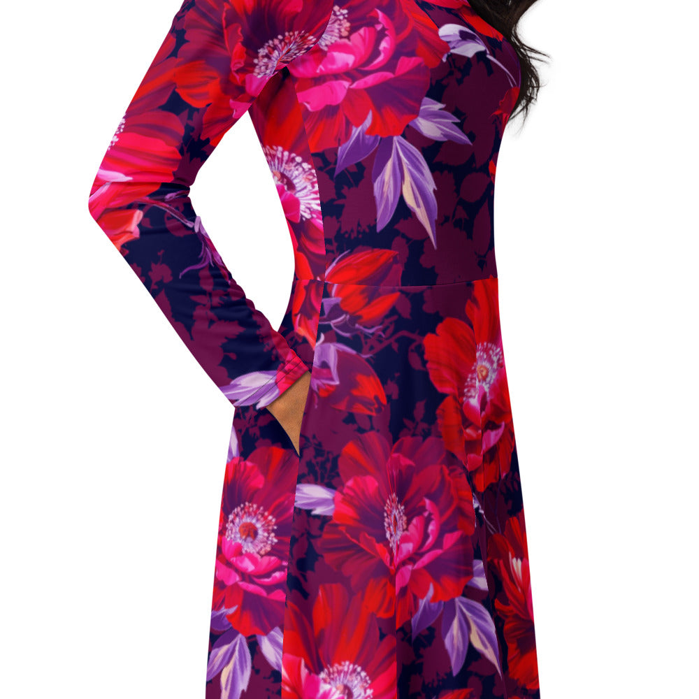All-over print long sleeve midi dress 371Bkl2