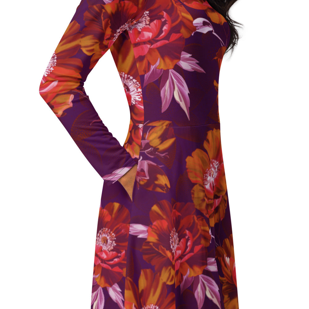 All-over print long sleeve midi dress 371kl3