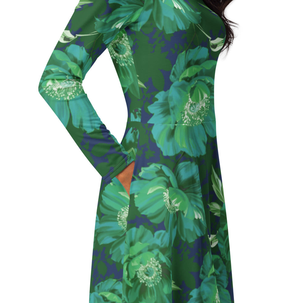 All-over print long sleeve midi dress 371Bkl3