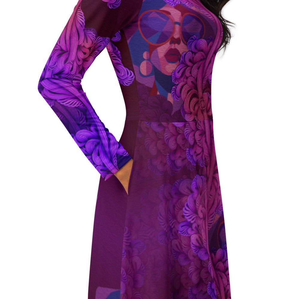 All-over print long sleeve midi dress Kn120Bkl1