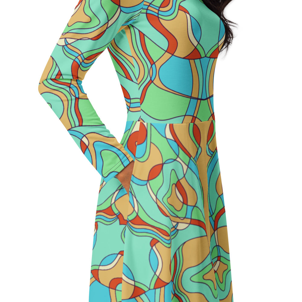 All-over print long sleeve midi dress 379kl2