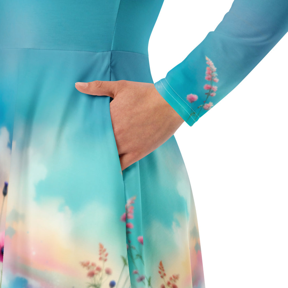 All-over print long sleeve midi dress 230