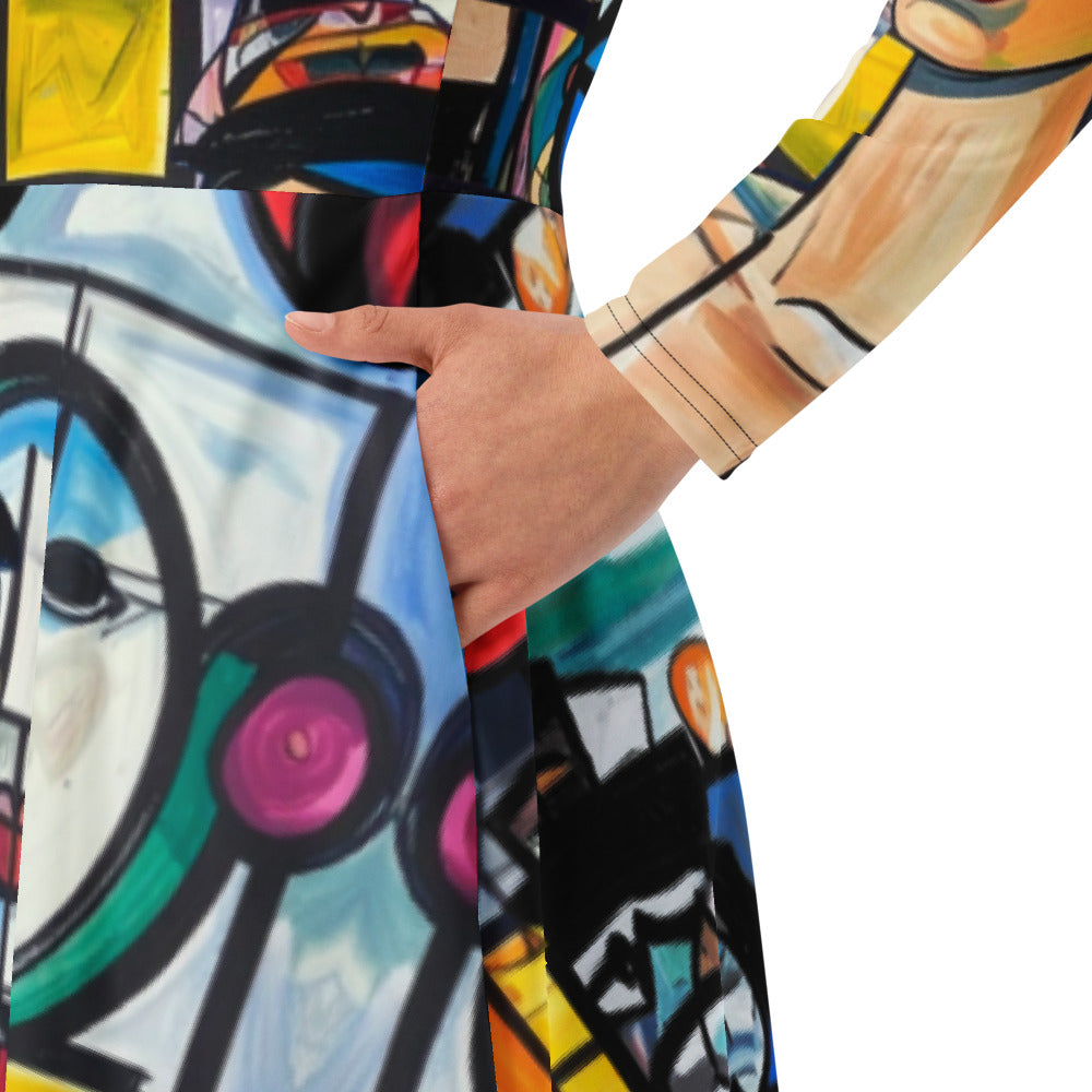 All-over print long sleeve midi dress 207B