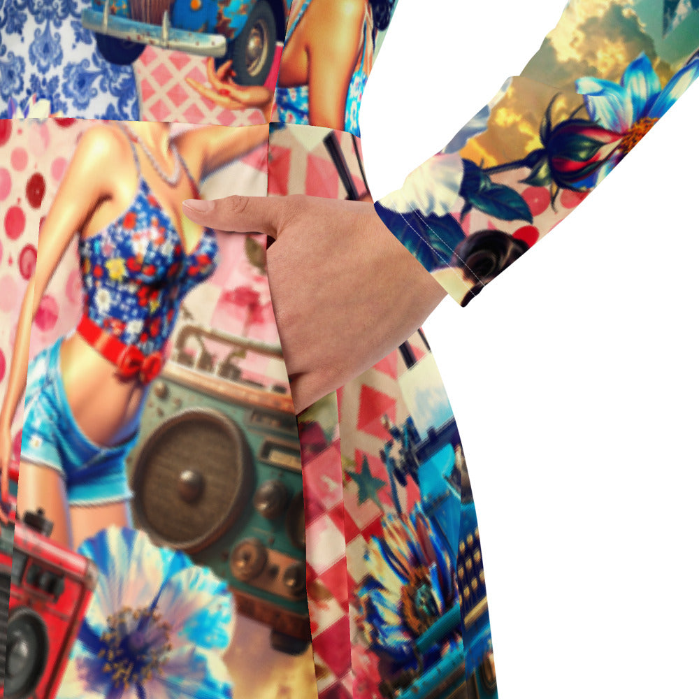 All-over print long sleeve midi dress 221