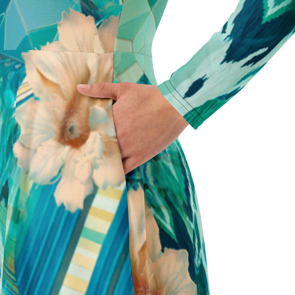 All-over print long sleeve midi dress 162B