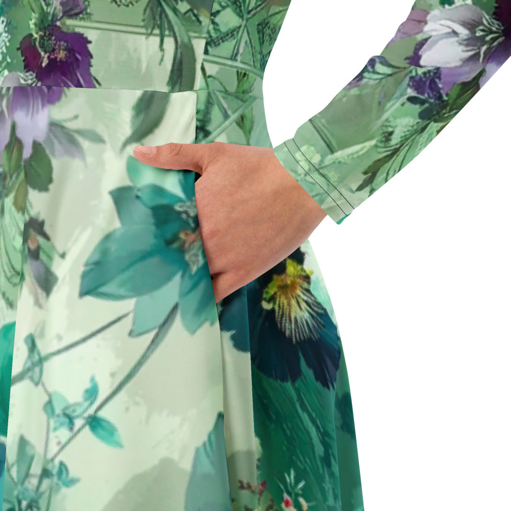 All-over print long sleeve midi dress 128B