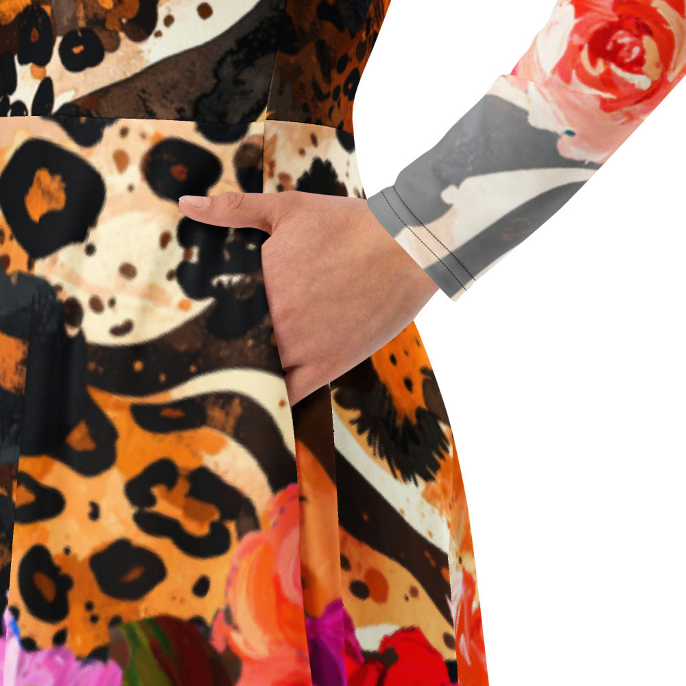 All-over print long sleeve midi dress 235B2b