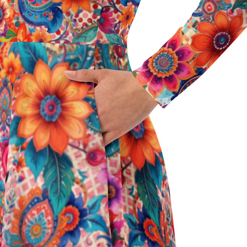 All-over print long sleeve midi dress 238B2