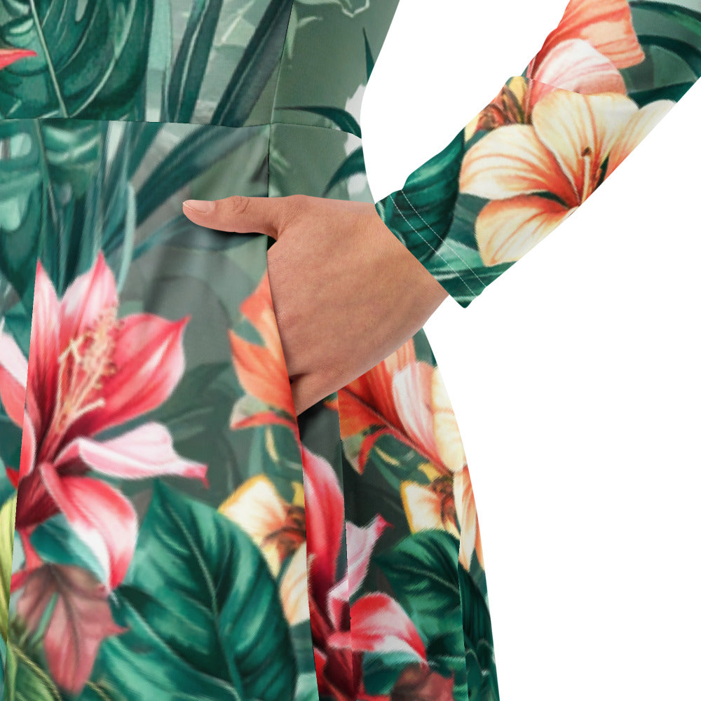 All-over print long sleeve midi dress 241B