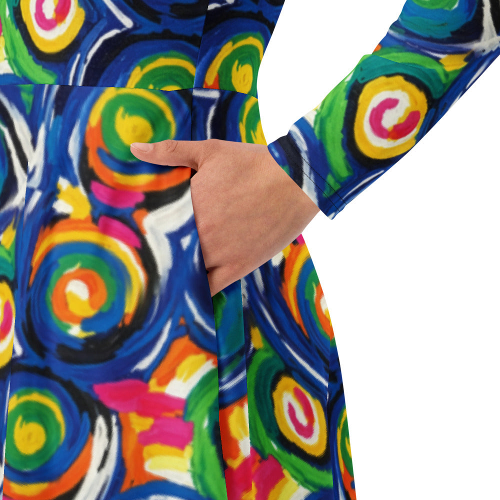 All-over print long sleeve midi dress 259