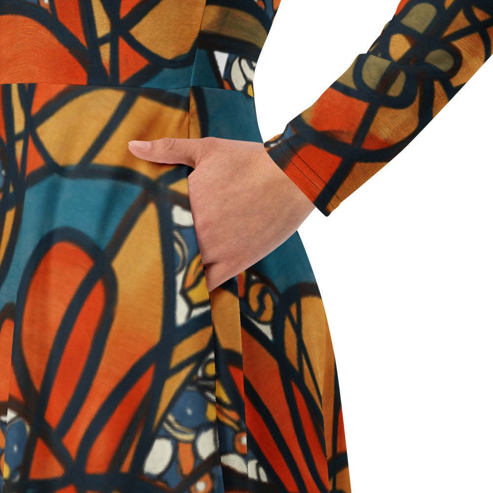 All-over print long sleeve midi dress 261B