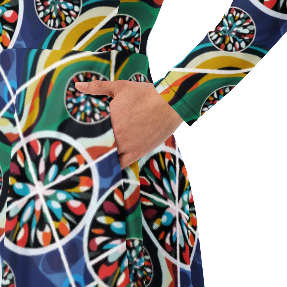 All-over print long sleeve midi dress 260B