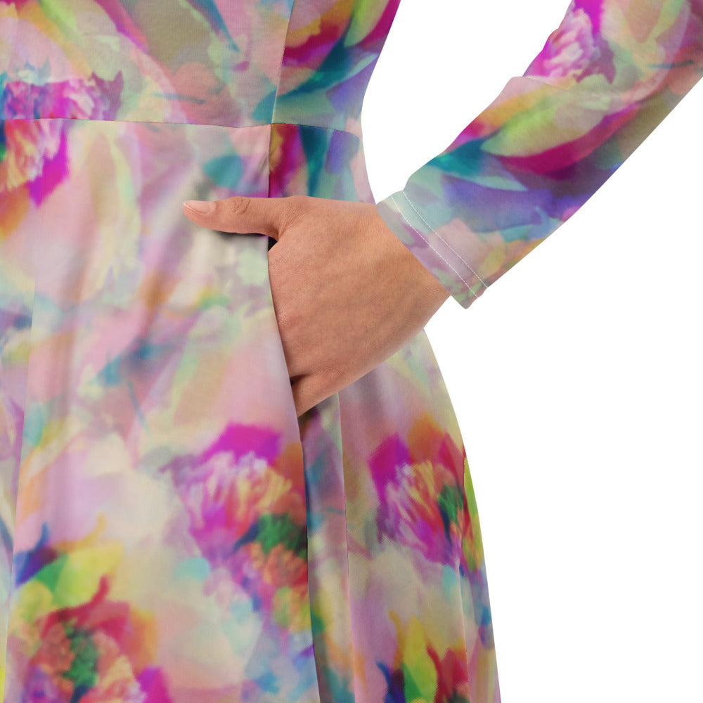 All-over print long sleeve midi dress 266A