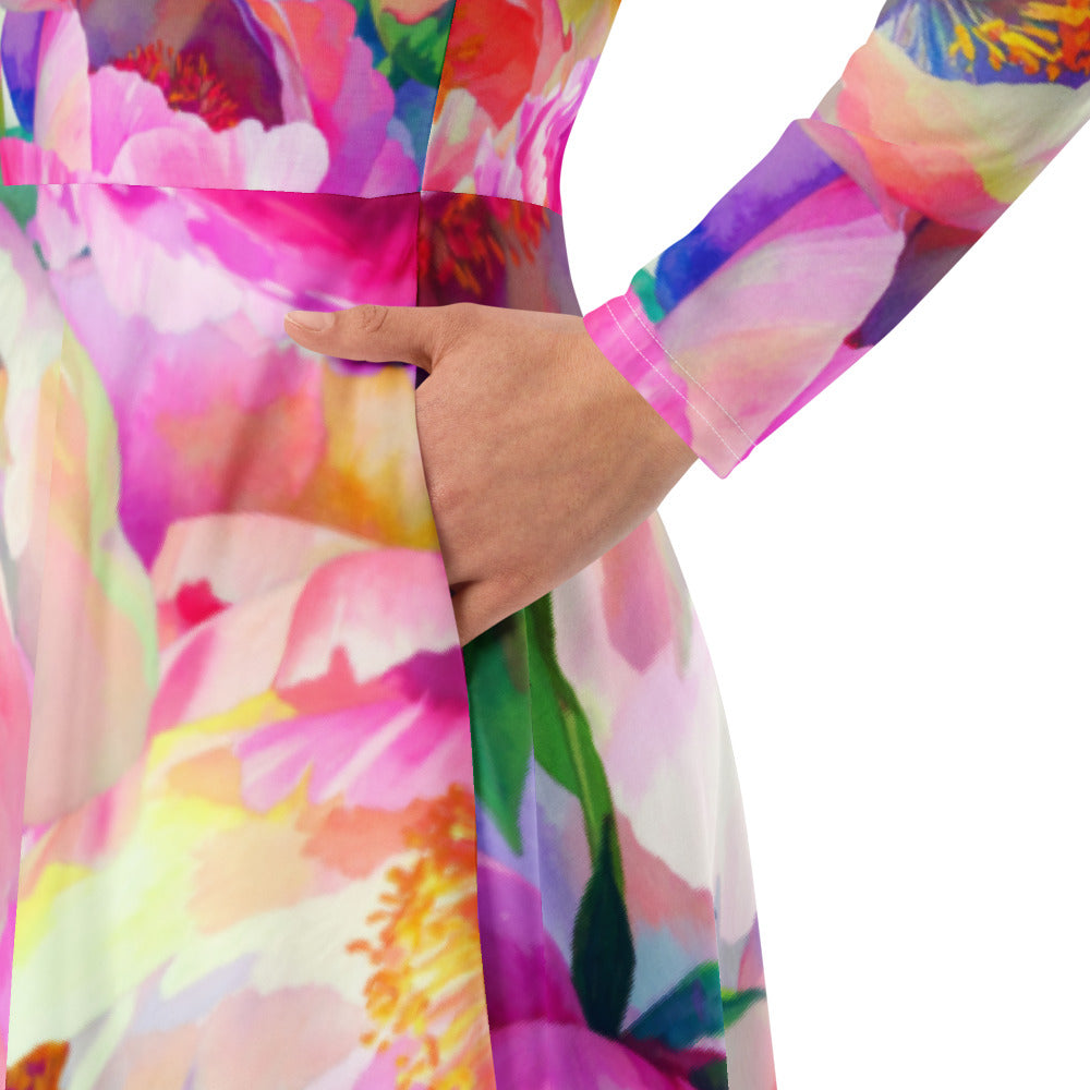 All-over print long sleeve midi dress 266D