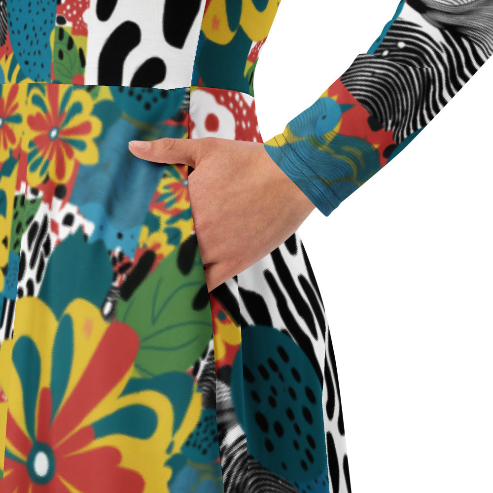 All-over print long sleeve midi dress 267