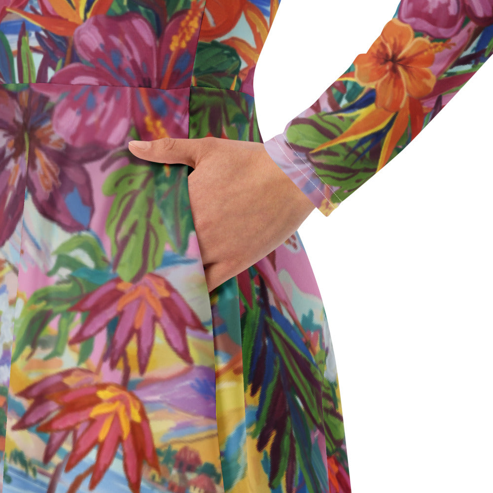 All-over print long sleeve midi dress 273