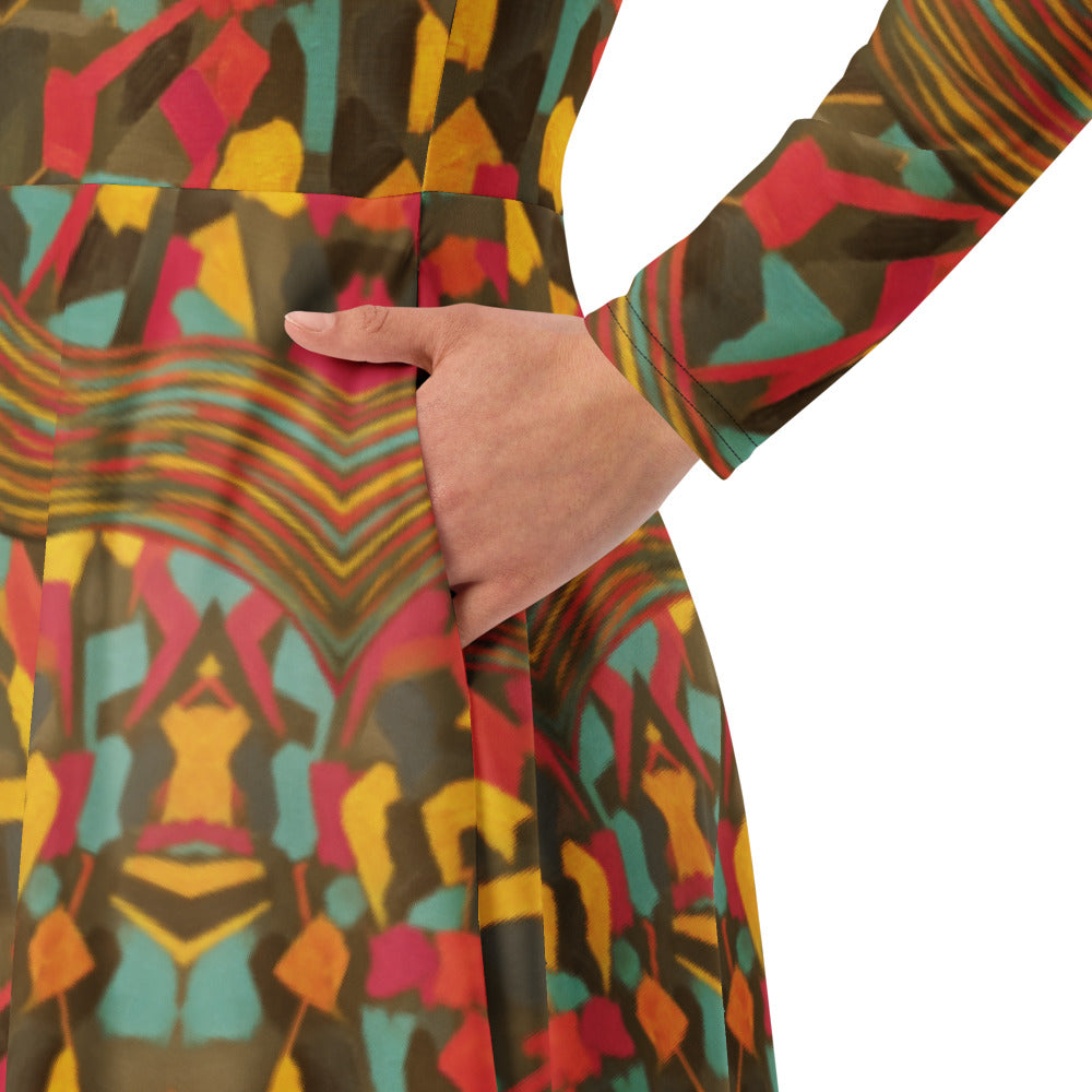 All-over print long sleeve midi dress 277Bkl3