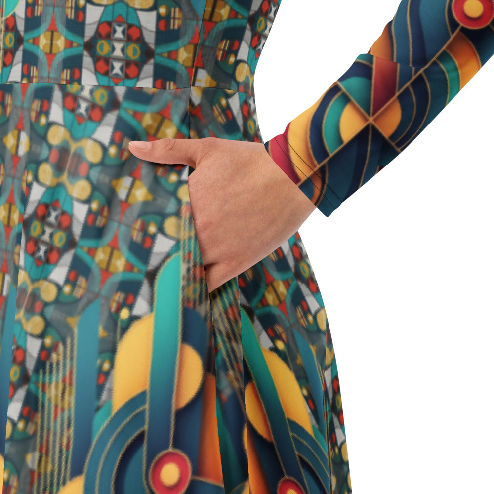 All-over print long sleeve midi dress 283D