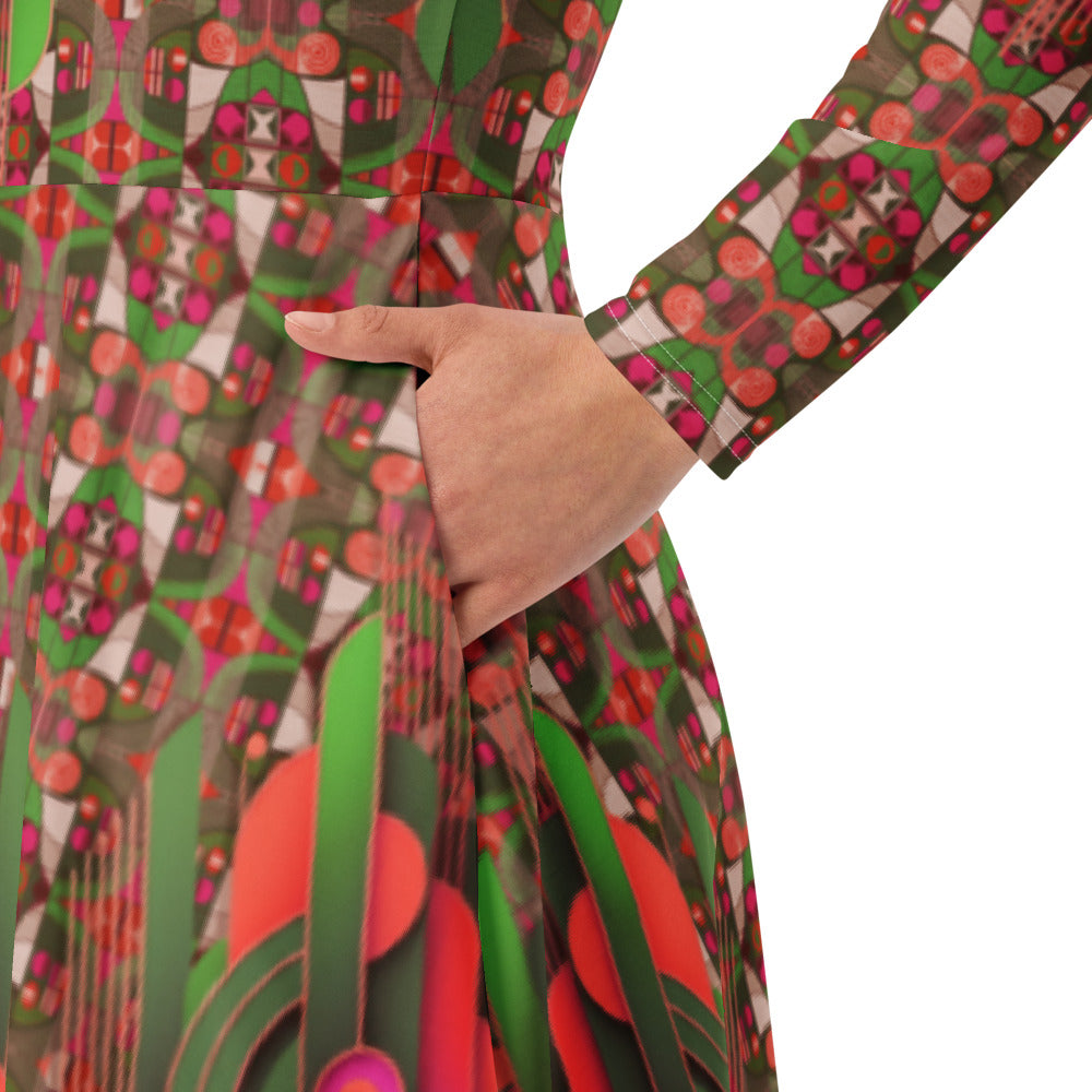 All-over print long sleeve midi dress 283Dkl3