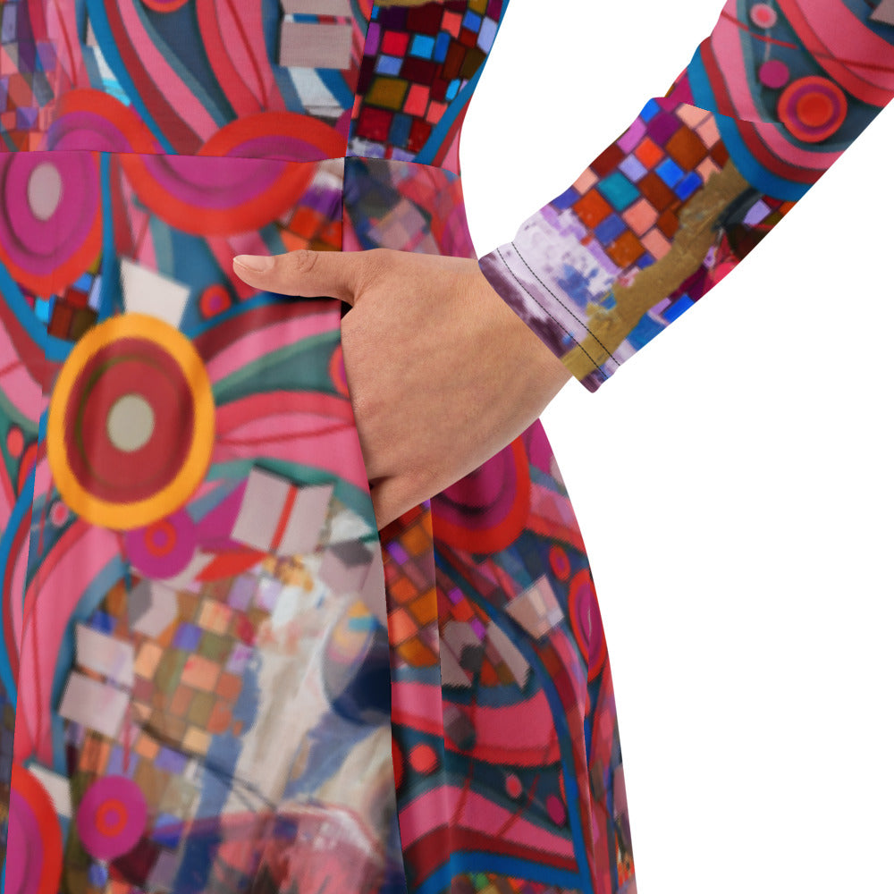 All-over print long sleeve midi dress 288B2