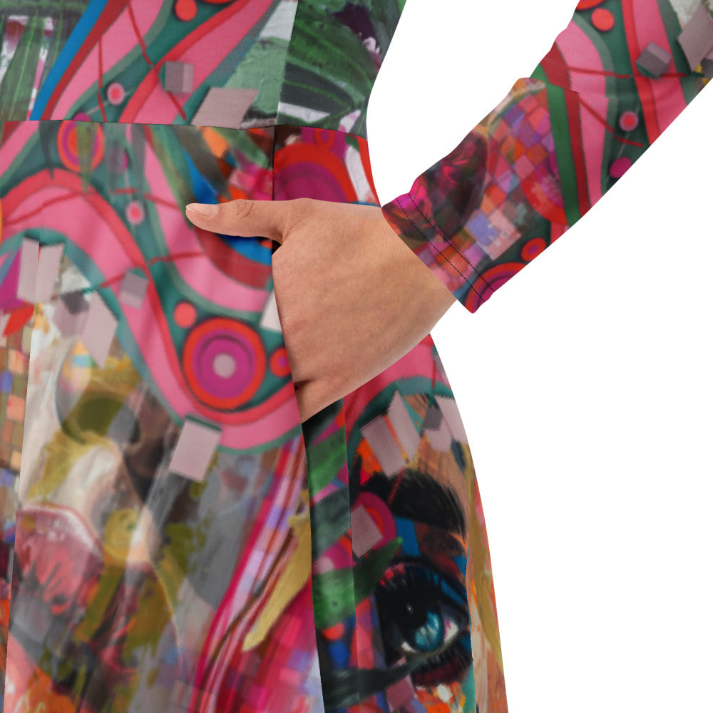 All-over print long sleeve midi dress 288C