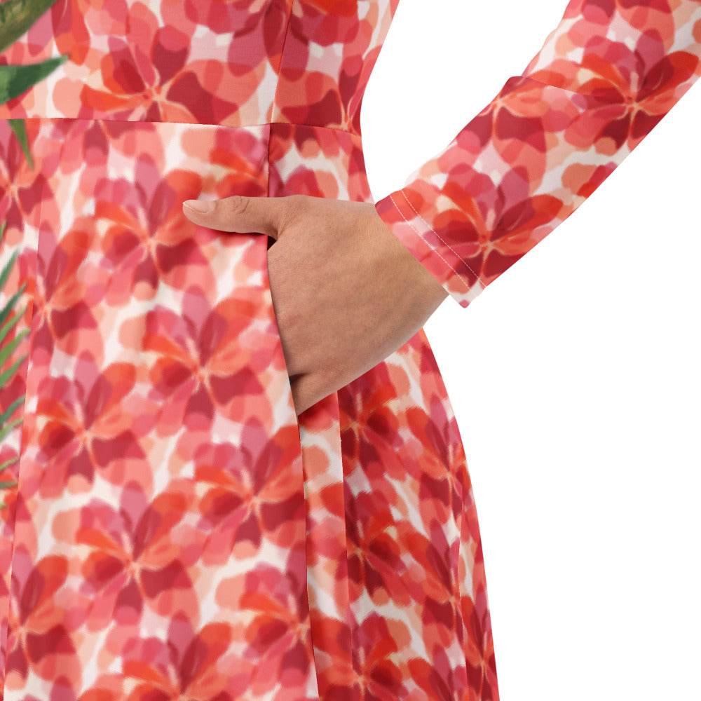 All-over print long sleeve midi dress 293