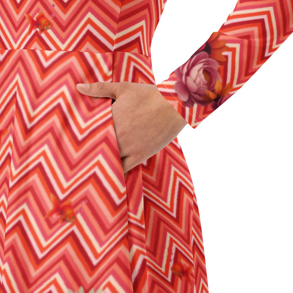 All-over print long sleeve midi dress 295