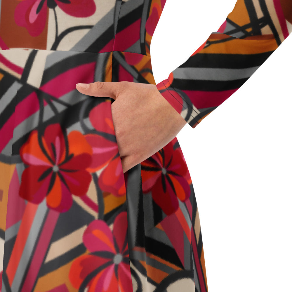 All-over print long sleeve midi dress 300