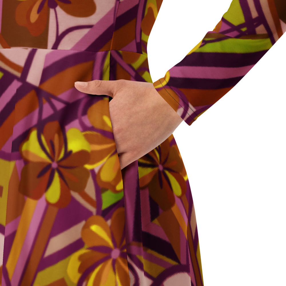 All-over print long sleeve midi dress 300kl3