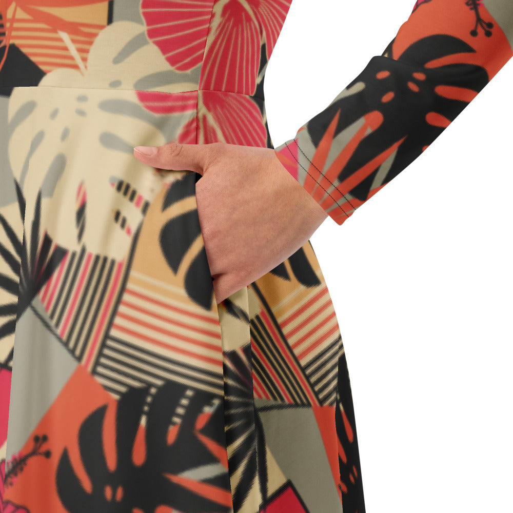 All-over print long sleeve midi dress 302kl1