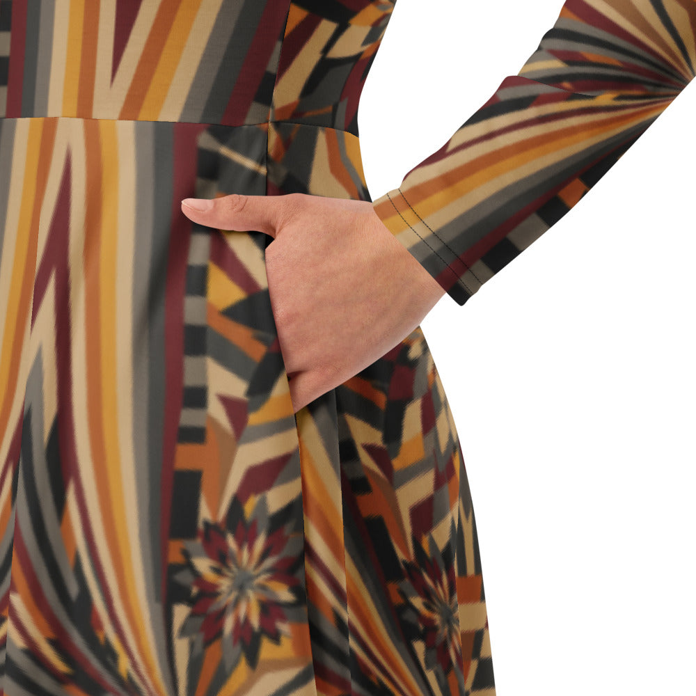 All-over print long sleeve midi dress 303kl1