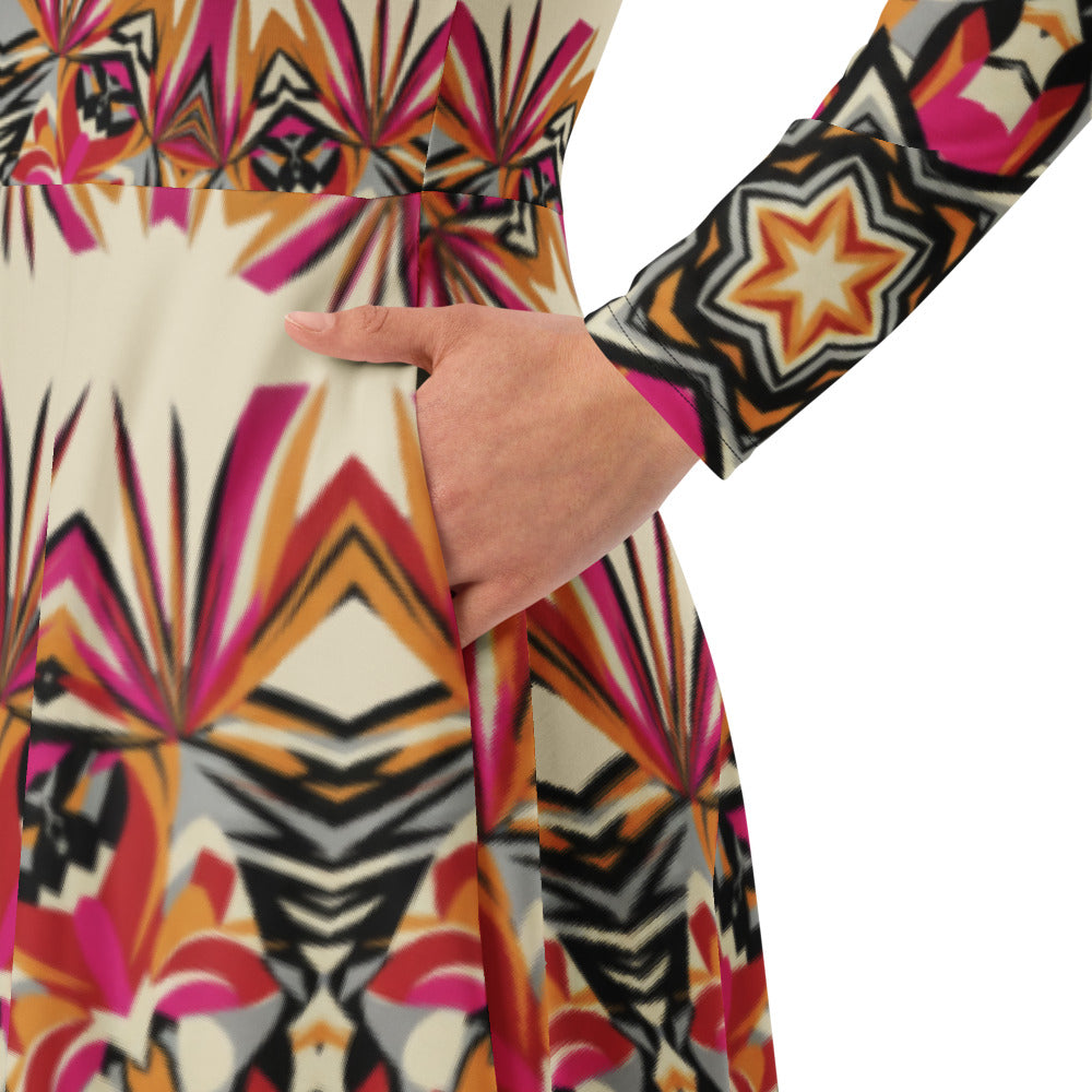 All-over print long sleeve midi dress 301Bkl1