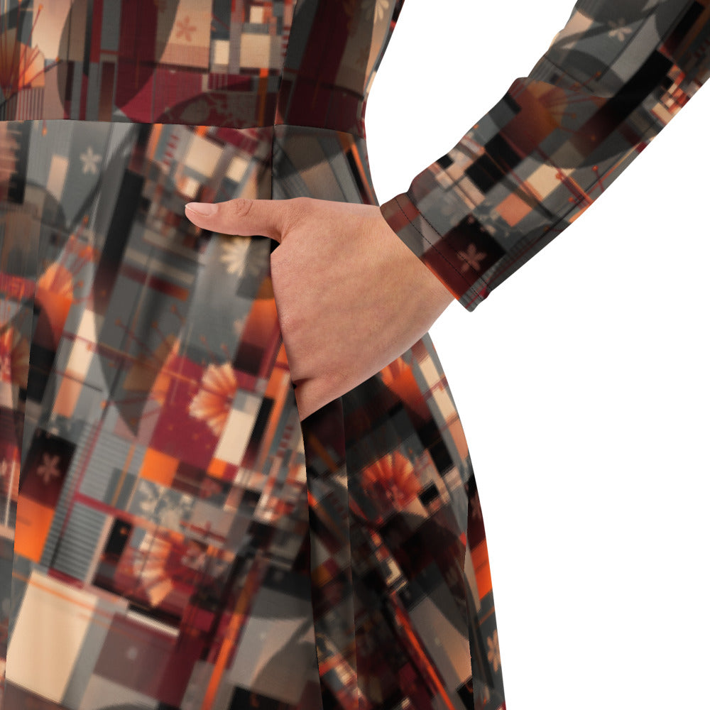 All-over print long sleeve midi dress 305B