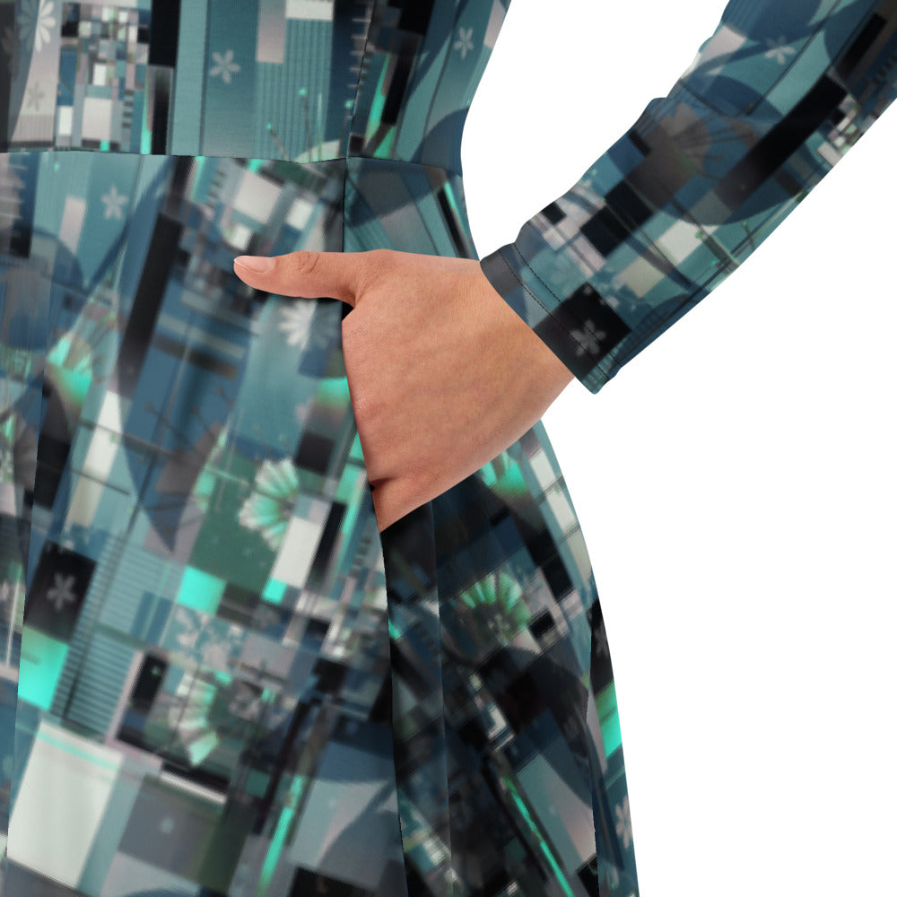 All-over print long sleeve midi dress 305Bkl2