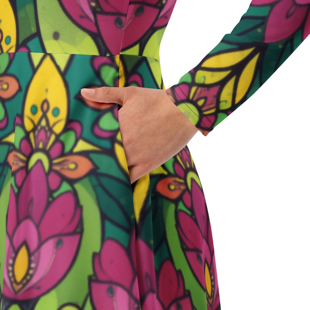 All-over print long sleeve midi dress 286