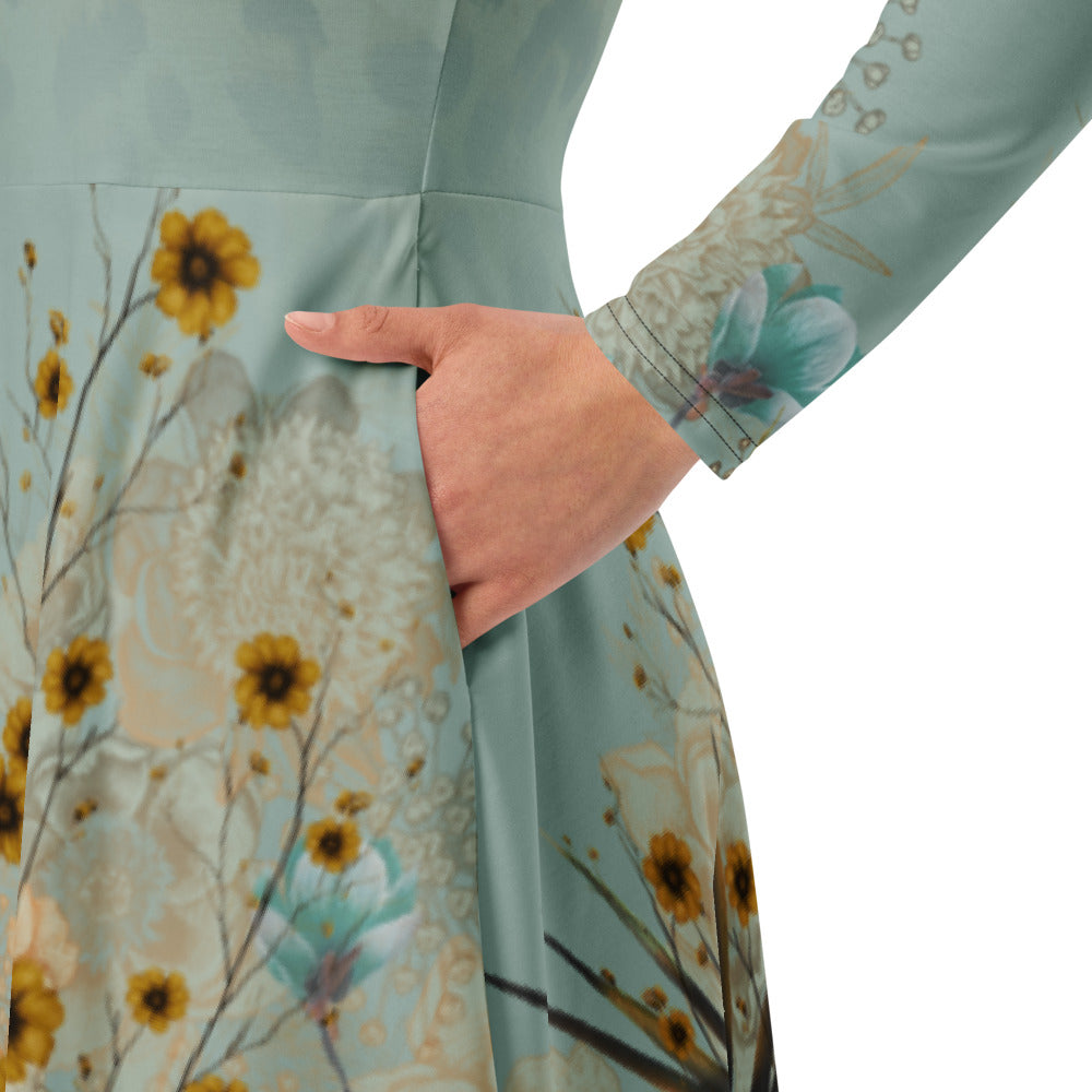 All-over print long sleeve midi dress tijger flowers