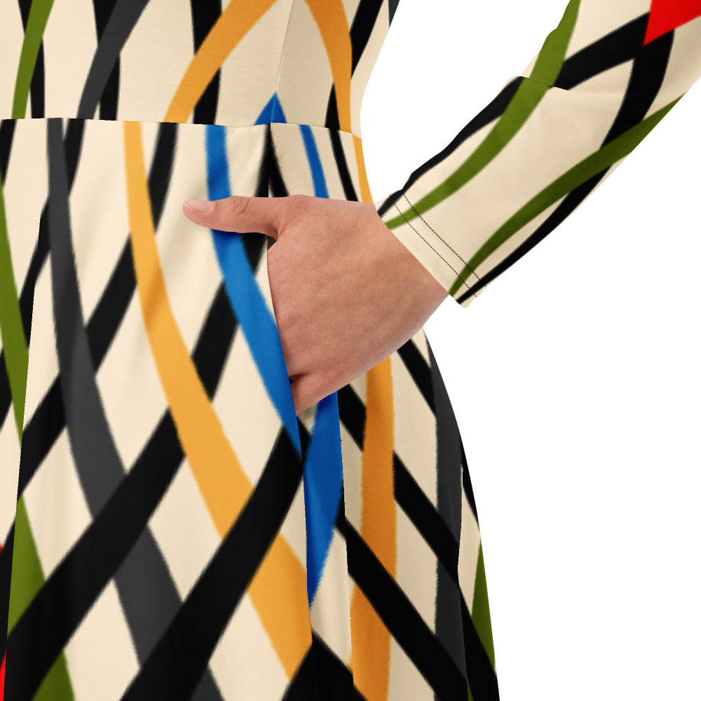 All-over print long sleeve midi dress 119B2