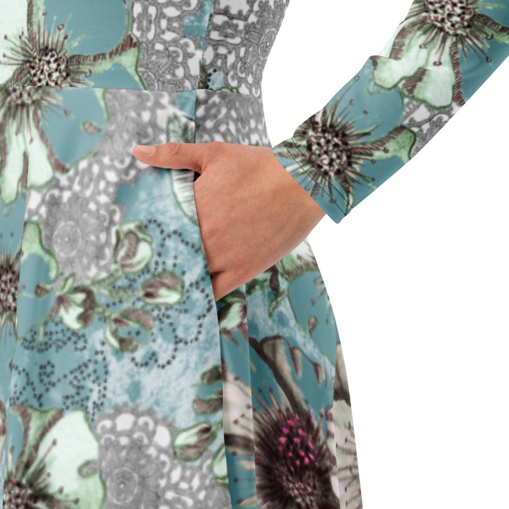 All-over print long sleeve midi dress Belle Bkl3