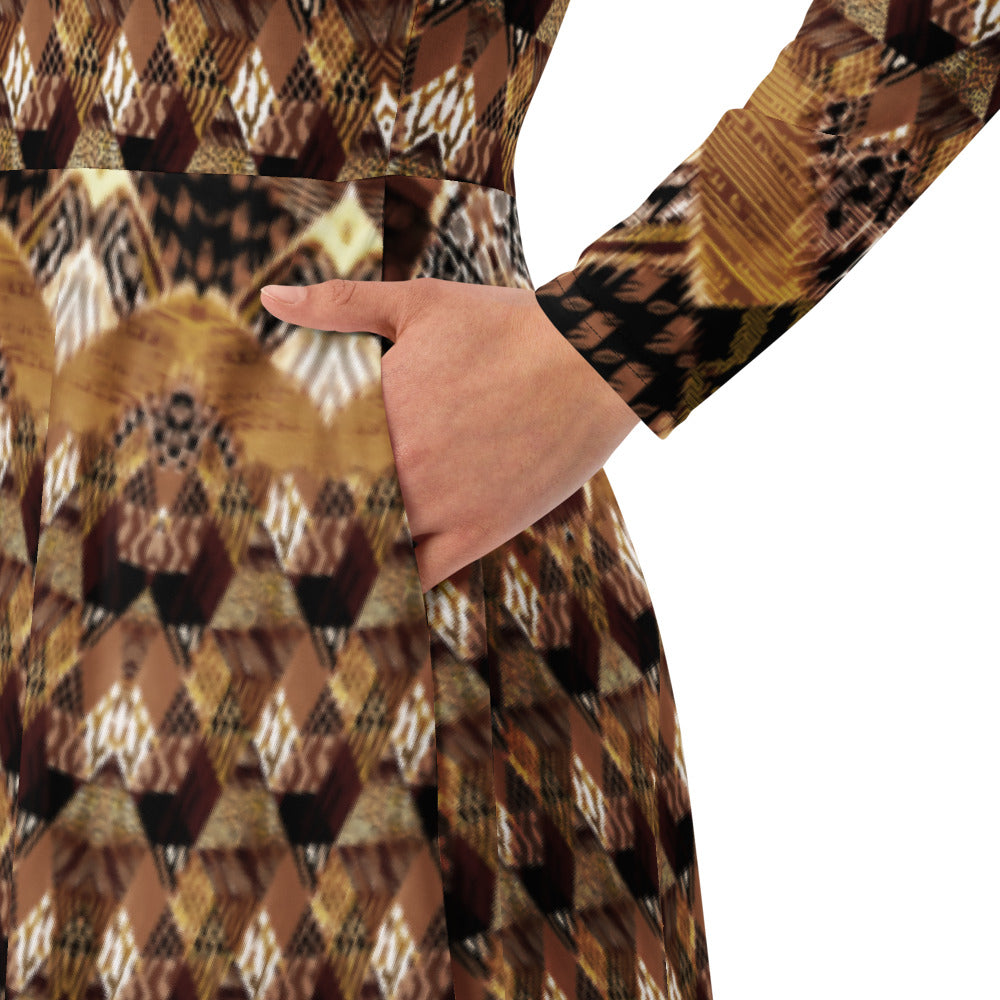 All-over print long sleeve midi dress 308Bkl2