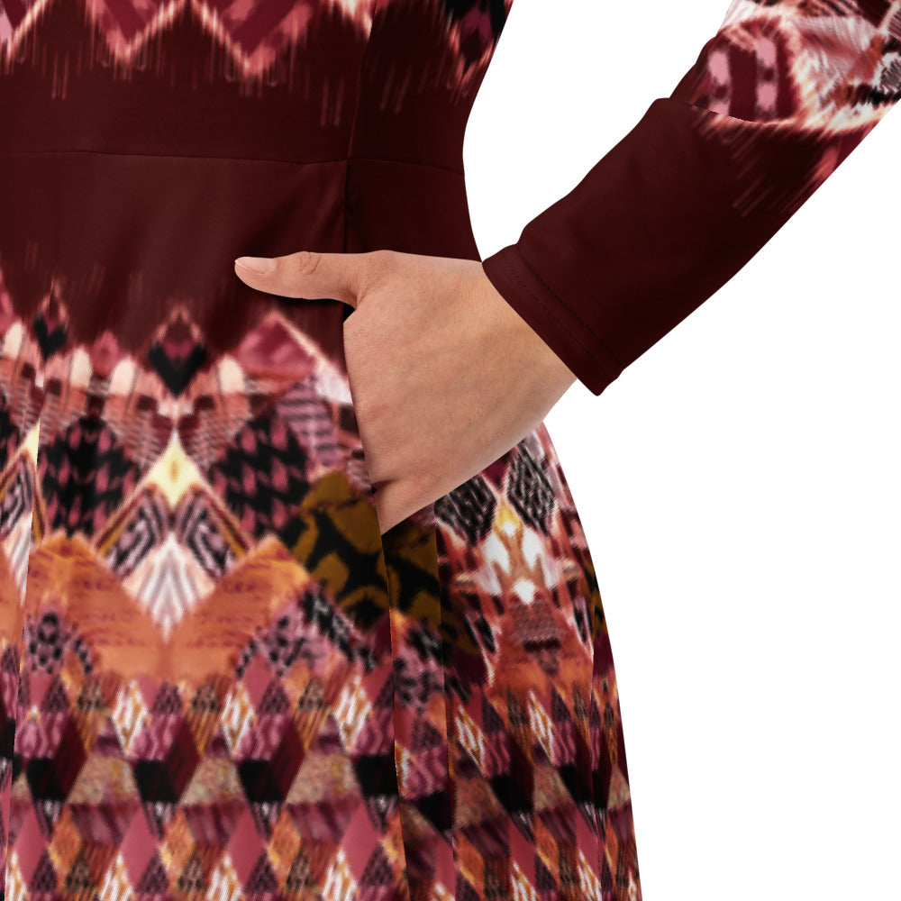 All-over print long sleeve midi dress 308B