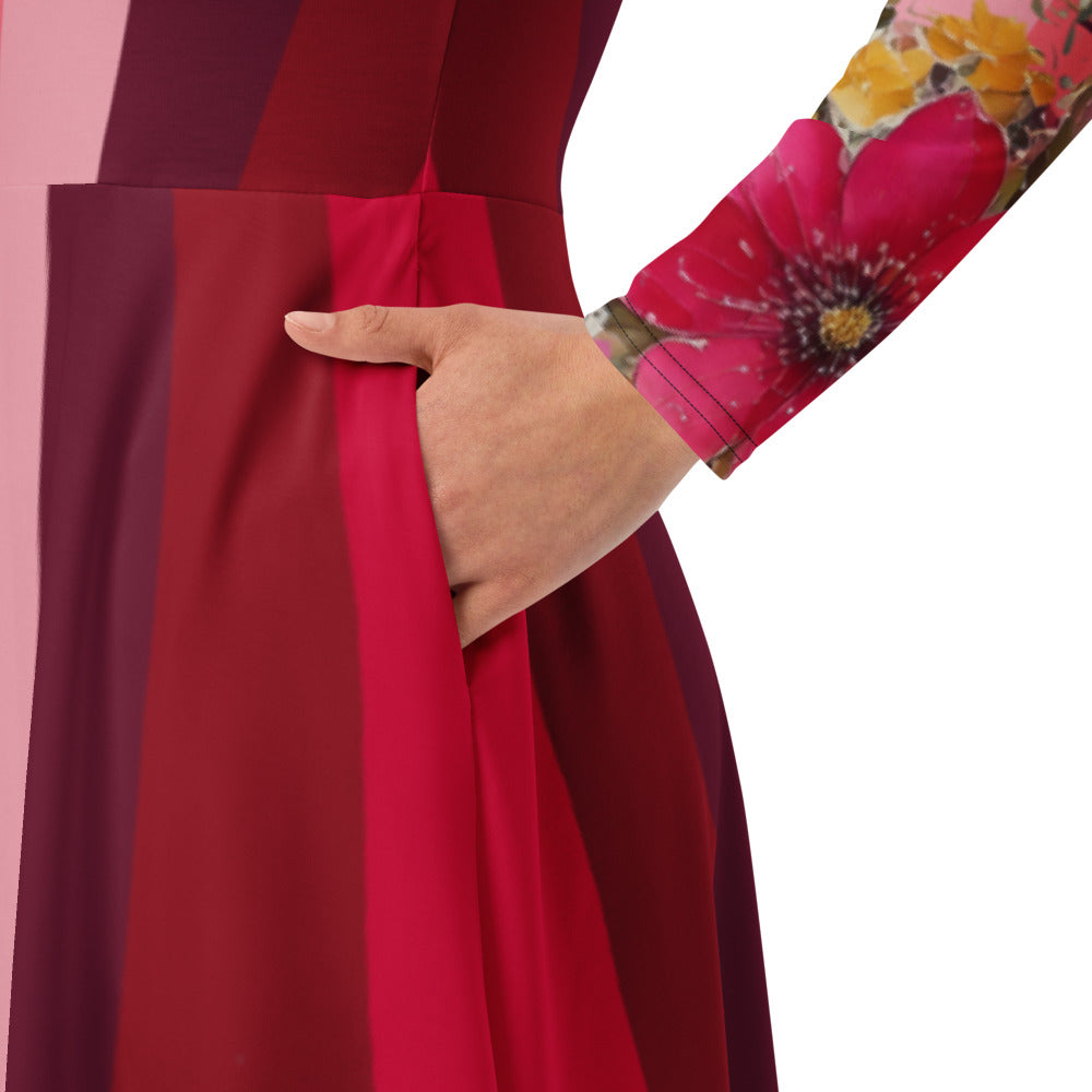 All-over print long sleeve midi dress 318C