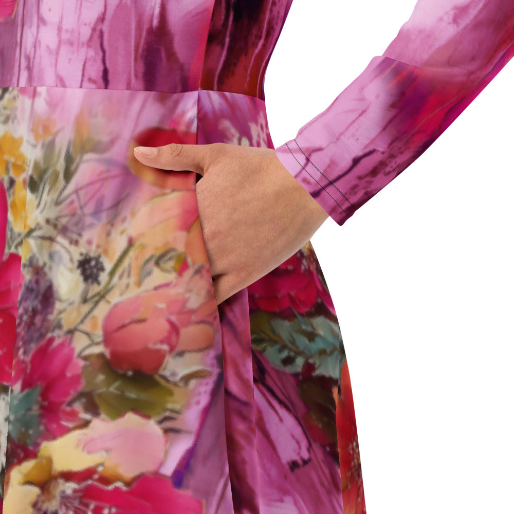 All-over print long sleeve midi dress 318